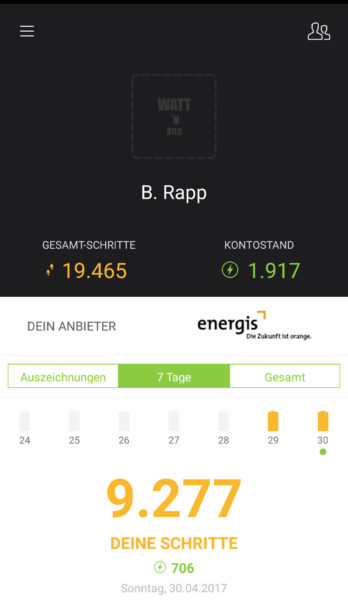 Screenshot aus der App - Gesamtschritte nach 2 Tagen - Watt für Dich