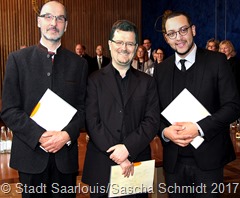 Die Preisträger des Orgelkompositionswettbewerbes 2017 (von links): Andreas Seemer-Koeper (2. Preis), Pier Damiano Peretti (1. Preis), Steven Heelein (3. Preis).  0255b
